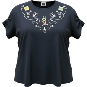 Vintage Wms 2X Midnight Blue Nautical Anchor Embroidered Puff Sleeve Top Coastal